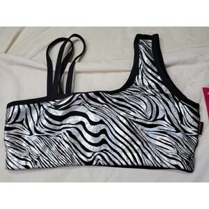 NWT Kos USA L 1 Shoulder Med-Impact Dance Sports Bra 7348 Glitter Zebra 117440